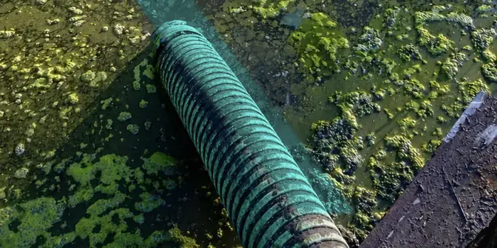 Manguera de succión recolectando aguas residuales en canal